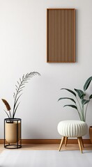 Minimalist interior design with wooden wall decor, potted plant, and a white stool on a rug.