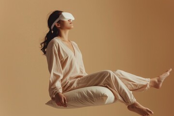 A person sitting on a cushion with a blindfold, conveying the theme of trust or surrender