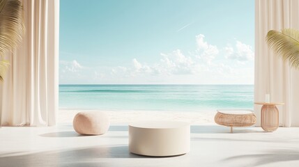 Create a simple yet stylish summer-themed podium featuring light, airy colors and minimalistic beach decor, designed to elegantly highlight your product while capturing the essence of sunny days