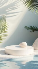 Obraz premium Create a simple yet stylish summer-themed podium featuring light, airy colors and minimalistic beach decor, designed to elegantly highlight your product while capturing the essence of sunny days