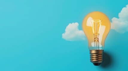 A glowing light bulb against a blue background with clouds, symbolizing creativity, innovation, and bright ideas.