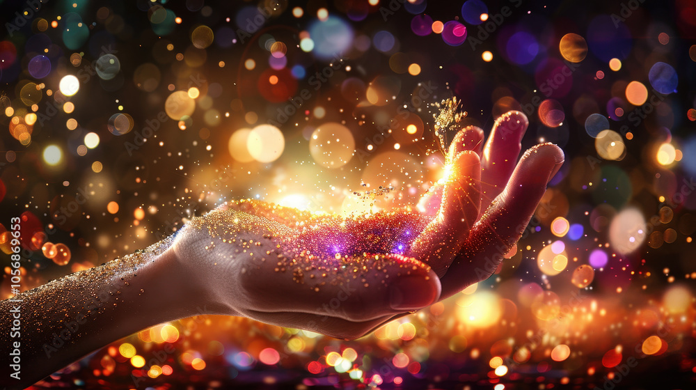 Aufkleber hand is gently holding shimmering particles, creating magical and vibrant atmosphere filled with col