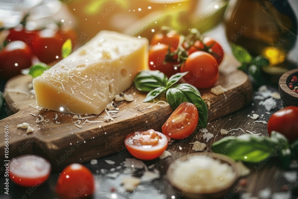 Poster A wooden cutting board filled with melted cheese, fresh tomatoes, and herbs