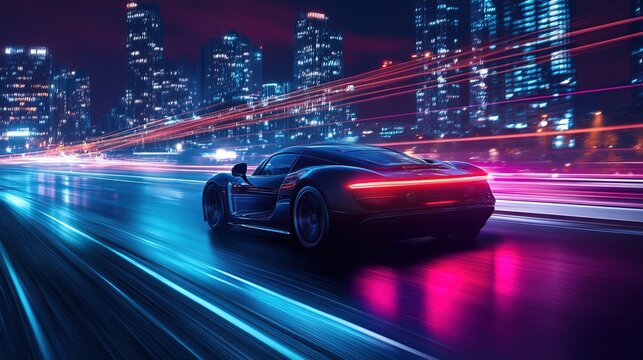 A sport car drives at high speed along a night highway with the city 