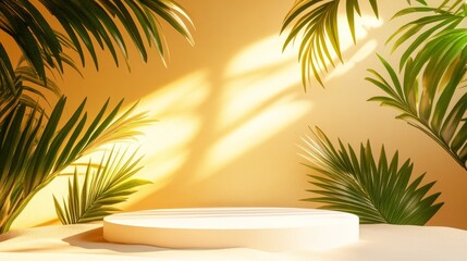 Fototapeta premium Design a clean, minimalist podium with a summer theme, featuring bright colors, tropical accents, and soft lighting to highlight a product, set against a backdrop of sun, sand, and palm leaves 