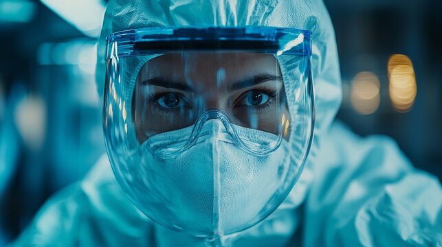Close-up of a Person's Eye Through a Protective Face Shield and Mask