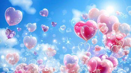 Floating heart shaped soap bubbles create whimsical scene against bright blue sky, evoking feelings of joy and love. soft colors and sparkling light enhance enchanting atmosphere