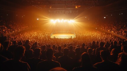 dramatic shot of the crowd on fight night, eagerly watching the fight unfold under the bright arena lights