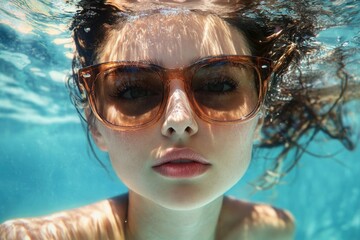 Fototapeta premium A person swimming underwater with sunglasses on, great for summer or beach themed projects