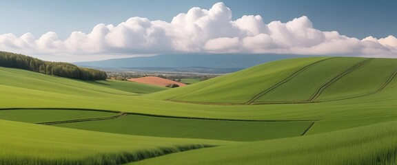 Fototapeta premium Rolling green hills under fluffy clouds in a serene countryside landscape