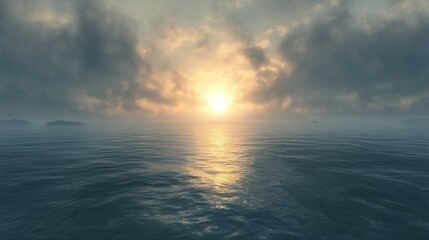 Naklejka premium Sunset over a Calm Sea with Clouds and Small Islands