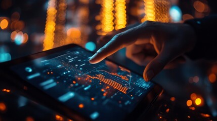 Hand Interacting with a Tablet Displaying Data and Charts