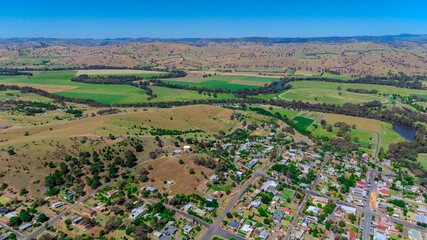 defaultPanoramic aerial drone view of NSW New South Wales Country town of  Gundagai with Houses roads and parks mountains and farm land in between Sydney NSW and Melbourne VIC Australiadefault