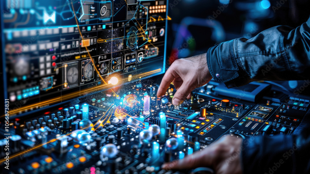 Aufkleber high tech control panel with complex digital graphics and interactive elements, showcasing advanced 