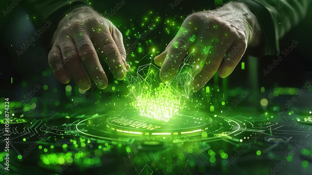 Poster creating high tech digital interface with glowing data visualization, this showcases hands manipulat