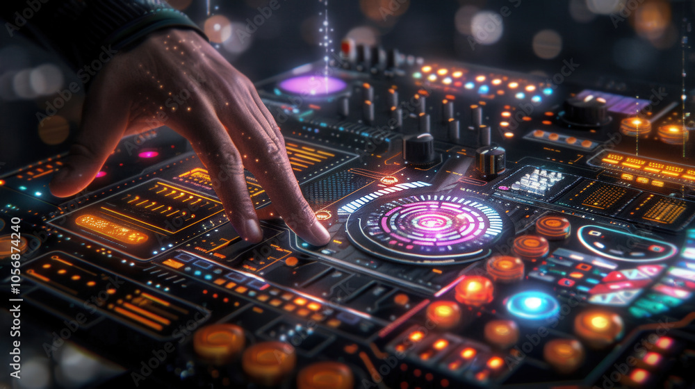 Poster high tech interface with virtual controls and glowing elements, showcasing hand interacting with fut