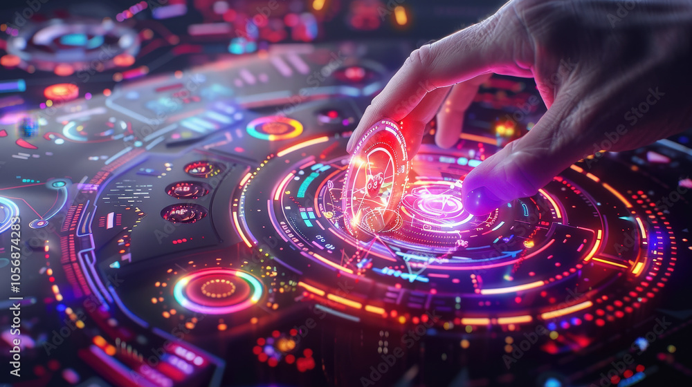 Aufkleber high tech interface with virtual controls and colorful digital elements, showcasing hand interacting