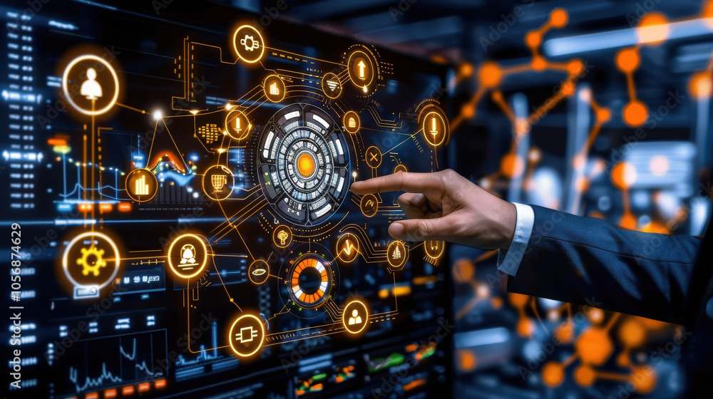 Aufkleber professional hand interacts with glowing holographic data dashboard, showcasing various icons and an