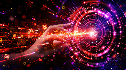 Obraz premium glowing hand reaches towards vibrant holographic data dashboard, surrounded by colorful digital icons and light trails, symbolizing technology and innovation