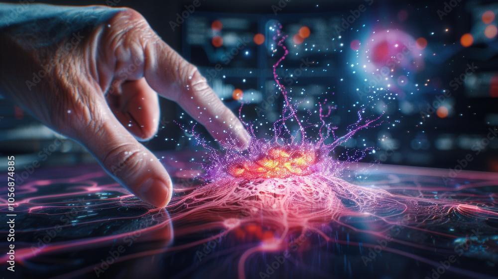Poster hand interacts with holographic touch screen displaying vibrant, interactive data visualizations. sc