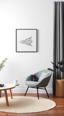 Minimalist living room with a grey armchair, round rug, and a framed print of a spaceship.