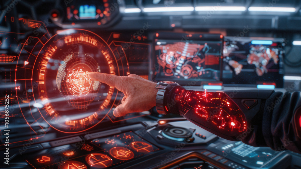 Poster futuristic digital interface displays real time holographic data, with hand reaching out to interact