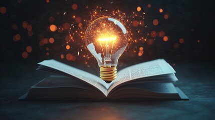 Illuminated Light Bulb on Open Book with Sparks