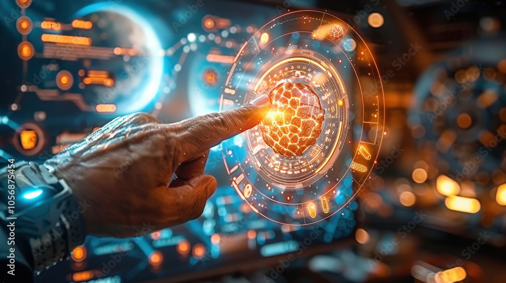 Poster hand interacting with futuristic digital interface displaying holographic data and graphics, showcas