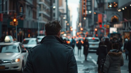 A man standing on a busy city street with surrounding traffic and pedestrians