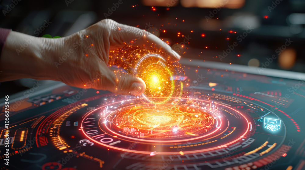 Poster hand interacts with dynamic holographic display, showcasing vibrant data and glowing elements. scene