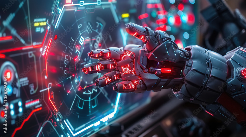 Poster robotic hand interacts with high tech virtual interface, showcasing advanced technology and futurist
