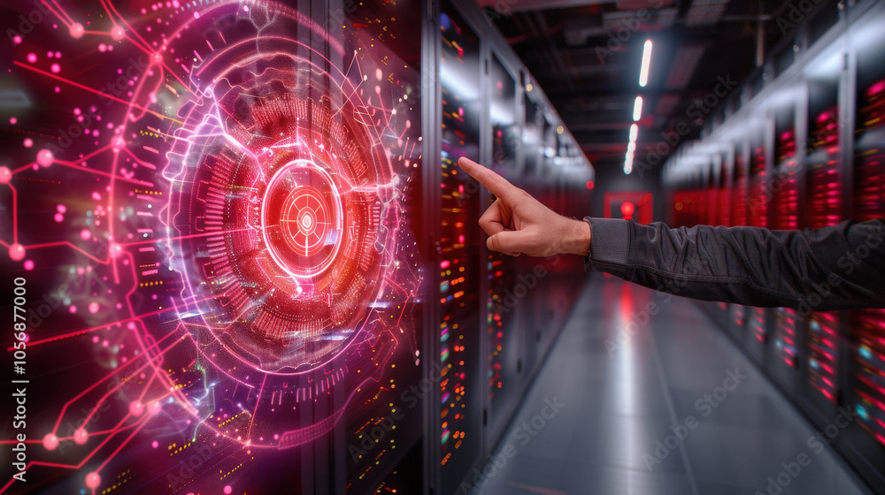 Aufkleber personâ€™s hand interacting with high tech virtual interface in data center, showcasing advanced tec
