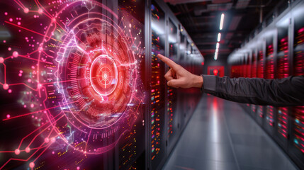 personâ€™s hand interacting with high tech virtual interface in data center, showcasing advanced technology and digital innovation. scene conveys sense of futuristic exploration and connectivity