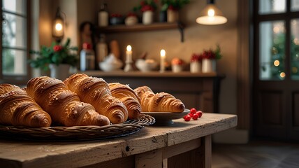 Cozy Parisian Bakery with Christmas Croissants and Festive D&eacute;cor,