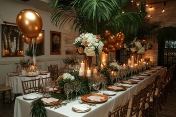 A large banquet table is set with gold and white tableware
