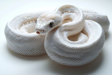 Fototapeta premium Side view of a coiled snake isolated on a pure white background. Cenerative AI