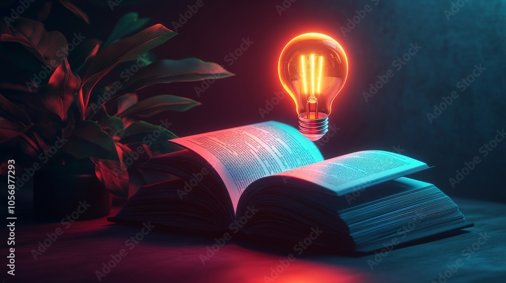 Poster glowing lightbulb hovering over an open book