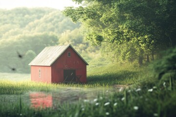 Obraz premium A classic red barn sits amidst a lush green field, perfect for rural or countryside-themed projects