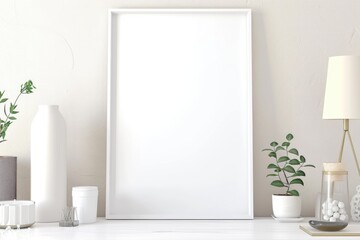 Minimalist Interior with Blank Vertical Frame and Houseplant in Sunlight