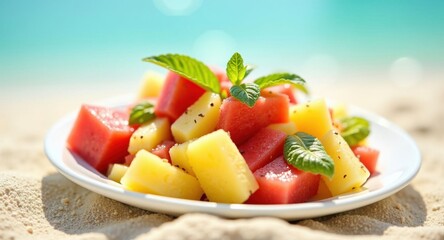 A colorful fruit salad with watermelon, pineapple, and mint