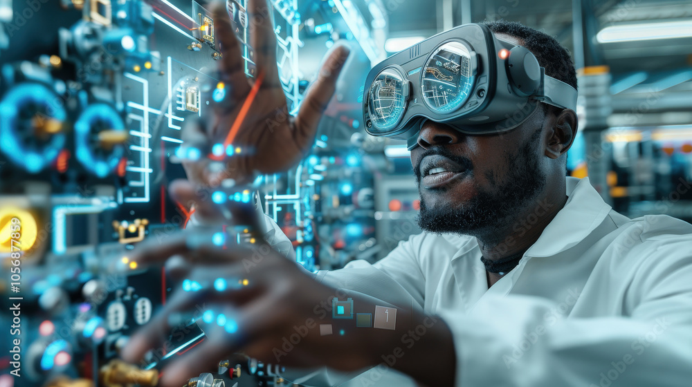 Poster innovative power engineer using virtual reality glasses to interact with advanced technology, showca