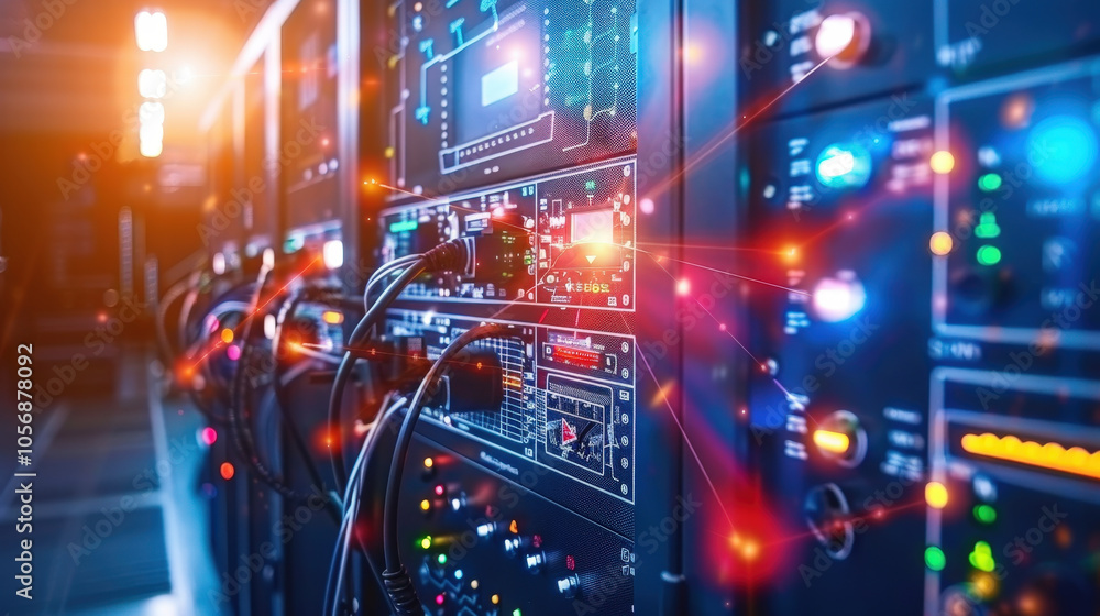 Aufkleber high tech server room with illuminated digital screens and connected cables, showcasing advanced tec