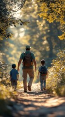 Obraz premium Father and sons walking through a forest on an outdoor hiking trip