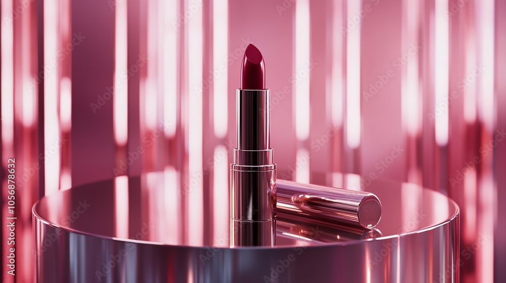 Poster a single red lipstick is displayed on a circular metallic platform with a blurred pink background.
