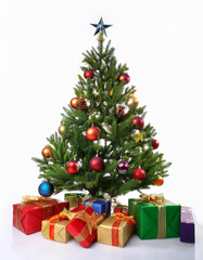 Arbol navideño decorado con bolas de colores y regalos