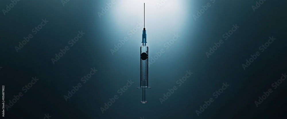 Poster a single syringe hangs suspended against a dark blue background, illuminated by a spotlight, creatin