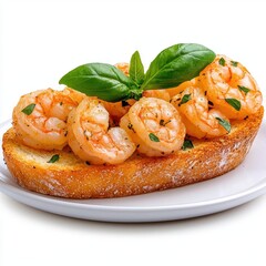 A photostock of fresh shrimp bruschetta on toasted bread on a white plate, gourmet and fresh.