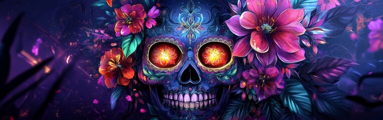 Mexican Skull with Floral Decorations on Purple Background