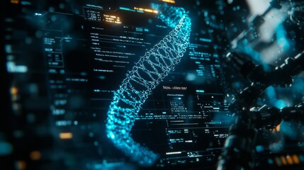 A glowing blue digital DNA strand on a dark futuristic screen