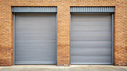 Fototapeta premium Two grey corrugated metal garage doors contrasted against a blonde brick wall , garage door, corrugated metal, grey